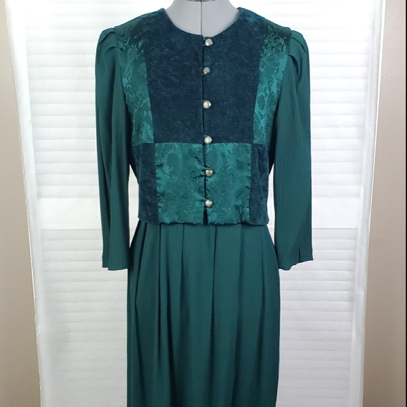 Vtg green patchwork rayon long sleeve maxi dress 8 - Picture 10 of 10